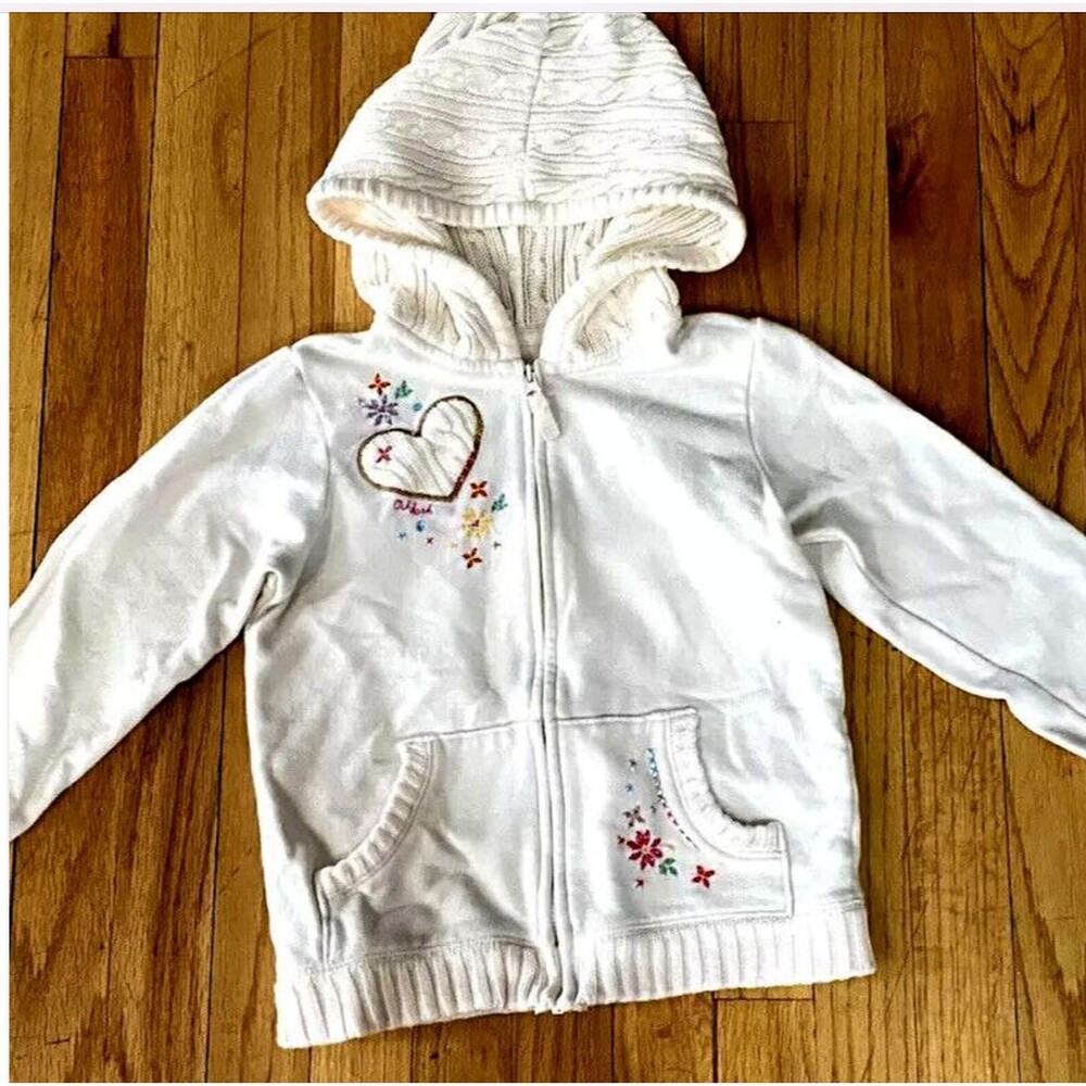 OshKosh B'gosh Girls 6X Full Zip Hooded Cotton White Sweater Jacket Floral Ivory - Picture 11 of 11